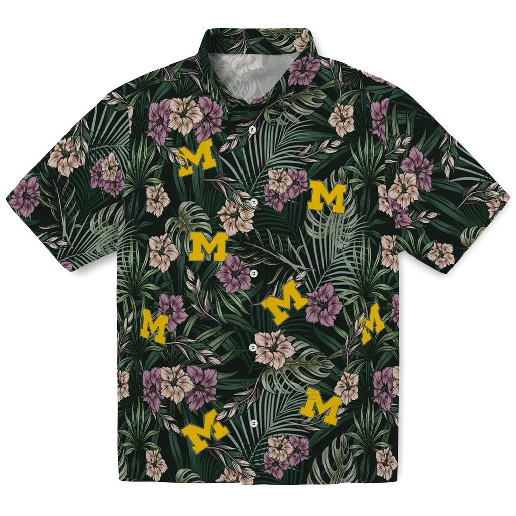 Michigan Wolverines Hawaiian Shirt - Hibiscus Leaves Pattern michigan wolverines hibiscus leaves pattern green hawaiian shirts best selling