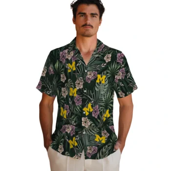 michigan wolverines hibiscus leaves pattern green hawaiian shirts fashion forward