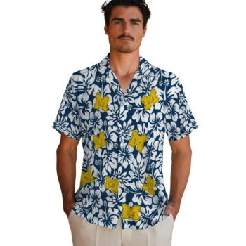 michigan wolverines hibiscus motif blue white hawaiian shirts fashion forward