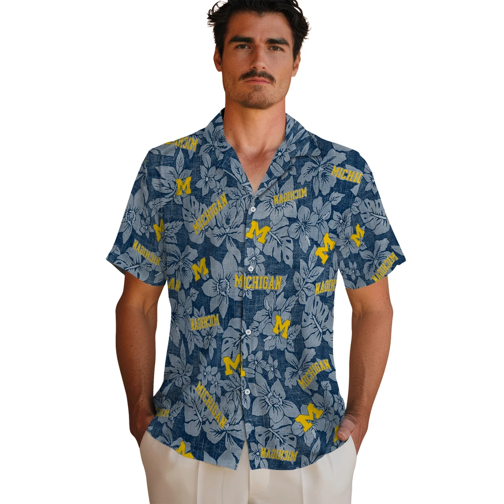 Michigan Wolverines Hawaiian Shirt - Hibiscus Oasis michigan wolverines hibiscus oasis blue hawaiian shirts fashion forward