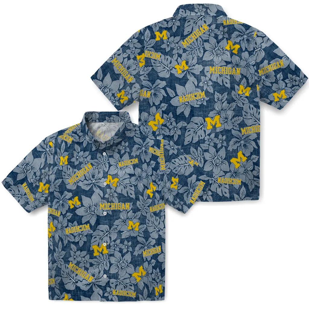 Michigan Wolverines Hawaiian Shirt - Hibiscus Oasis michigan wolverines hibiscus oasis blue hawaiian shirts high quality