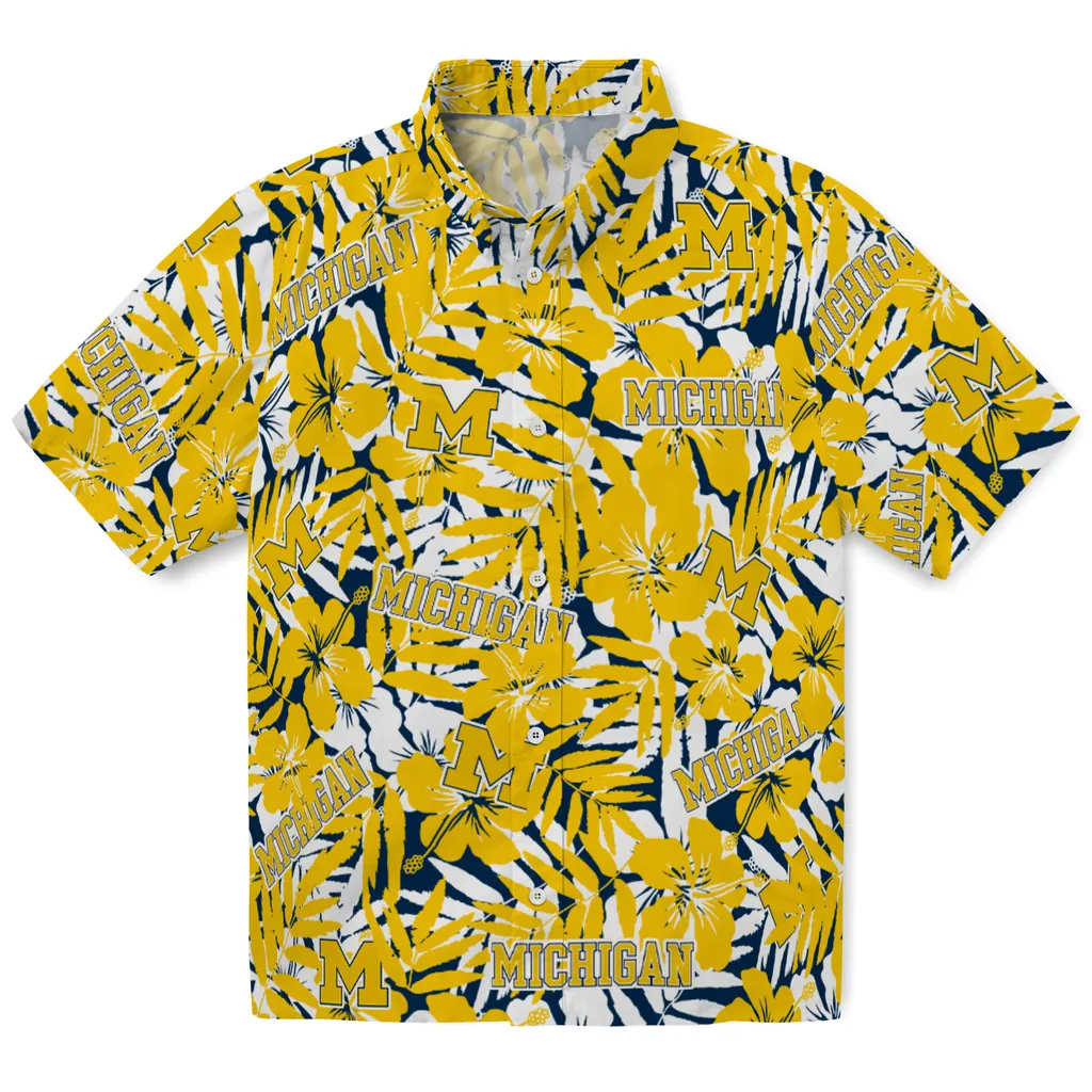 Michigan Wolverines Hawaiian Shirt - Hibiscus Overlay michigan wolverines hibiscus overlay hawaiian shirts best selling