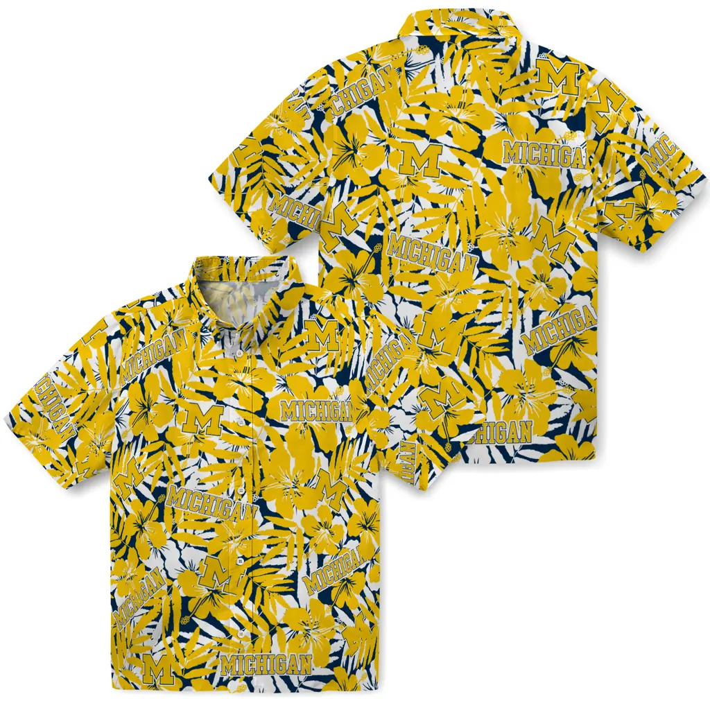 Michigan Wolverines Hawaiian Shirt - Hibiscus Overlay michigan wolverines hibiscus overlay hawaiian shirts high quality