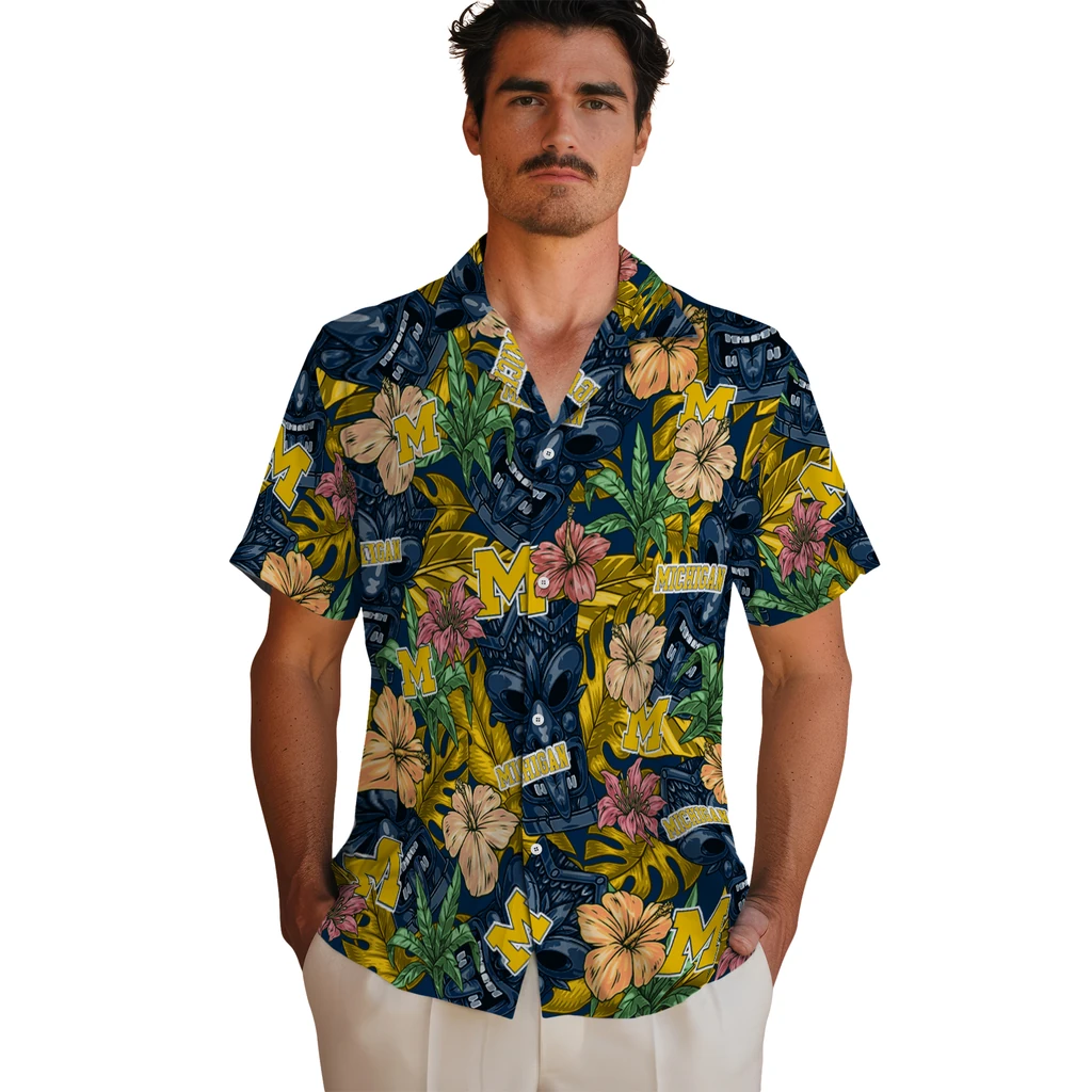 Michigan Wolverines Hawaiian Shirt - Hibiscus Tiki Jungle michigan wolverines tiki jungle blue hawaiian shirts fashion forward