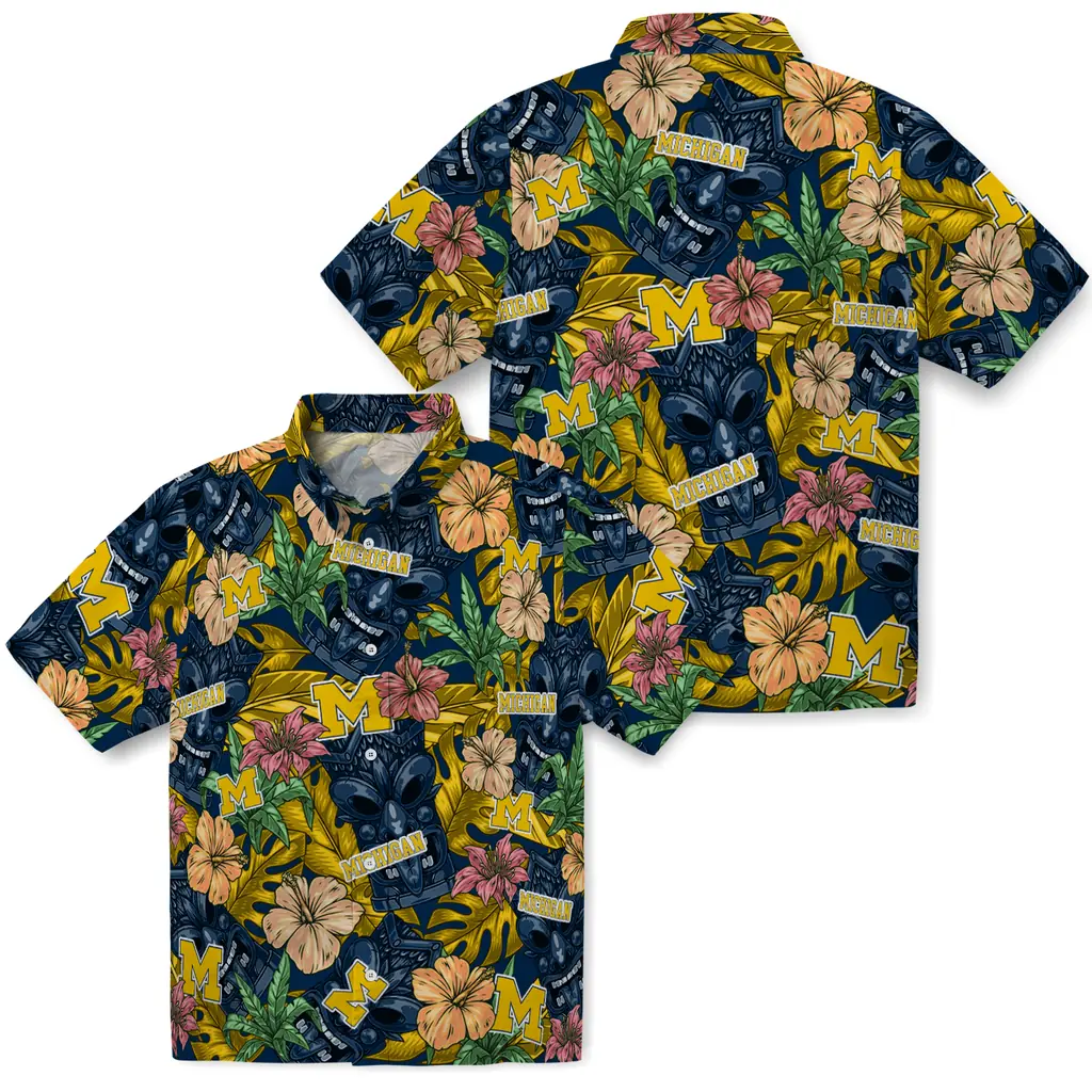 Michigan Wolverines Hawaiian Shirt - Hibiscus Tiki Jungle michigan wolverines tiki jungle blue hawaiian shirts high quality