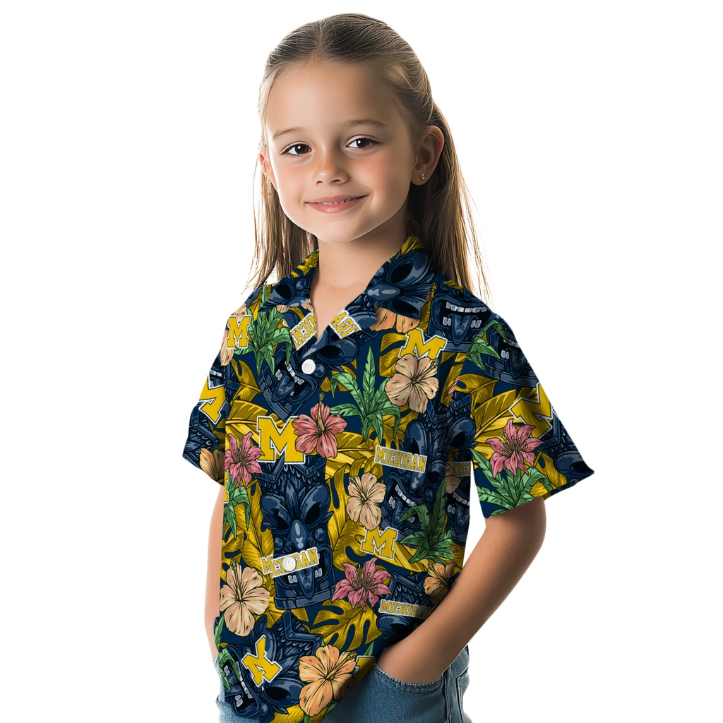 Michigan Wolverines Hawaiian Shirt - Hibiscus Tiki Jungle michigan wolverines tiki jungle blue hawaiian shirts premium grade