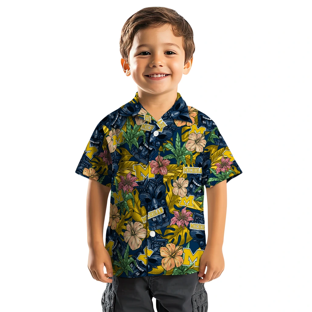 Michigan Wolverines Hawaiian Shirt - Hibiscus Tiki Jungle michigan wolverines tiki jungle blue hawaiian shirts top rated