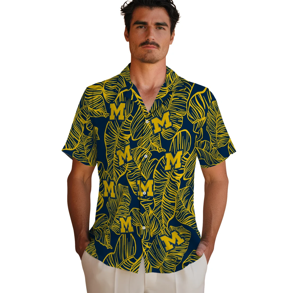 Michigan Wolverines Hawaiian Shirt - Leaf Outline michigan wolverines leaf outline blue hawaiian shirts fashion forward