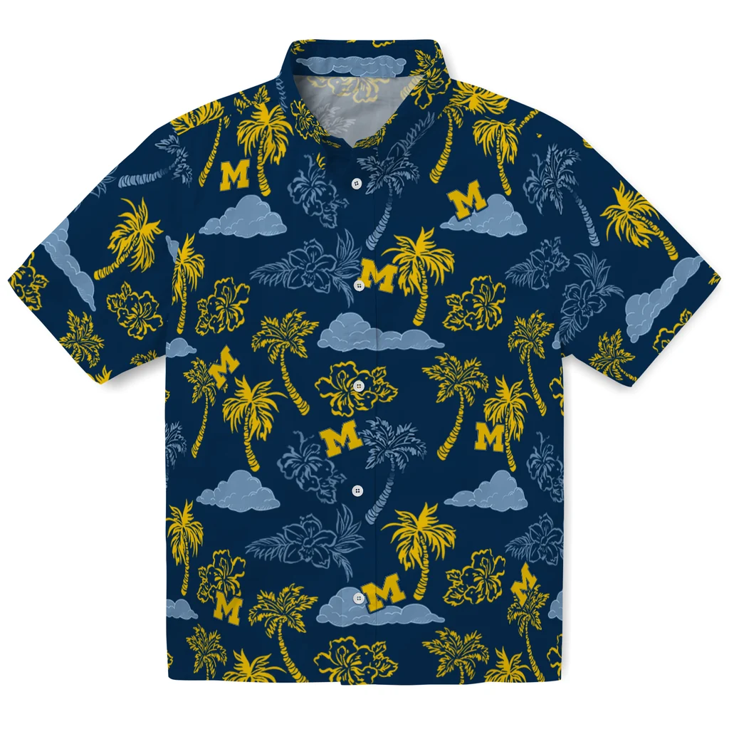 Michigan Wolverines Hawaiian Shirt - Palm And Clouds michigan wolverines palm and clouds blue hawaiian shirts best selling