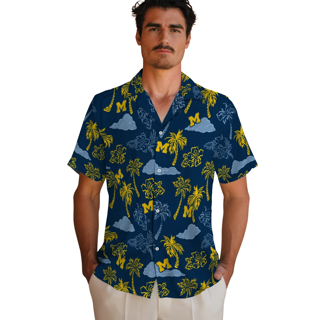 Michigan Wolverines Hawaiian Shirt - Palm And Clouds michigan wolverines palm and clouds blue hawaiian shirts fashion forward