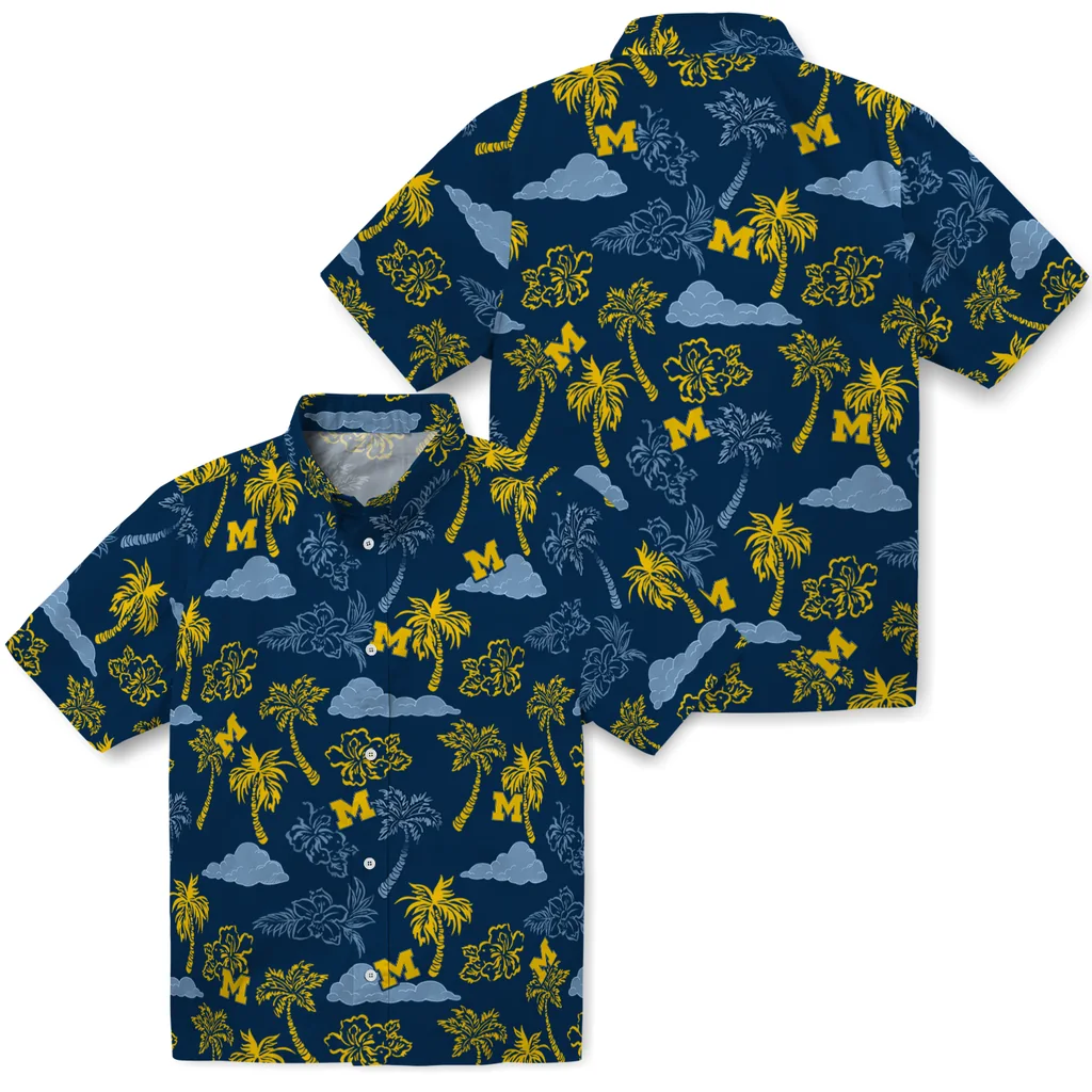 Michigan Wolverines Hawaiian Shirt - Palm And Clouds michigan wolverines palm and clouds blue hawaiian shirts high quality