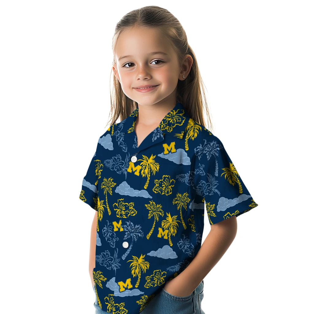 Michigan Wolverines Hawaiian Shirt - Palm And Clouds michigan wolverines palm and clouds blue hawaiian shirts premium grade