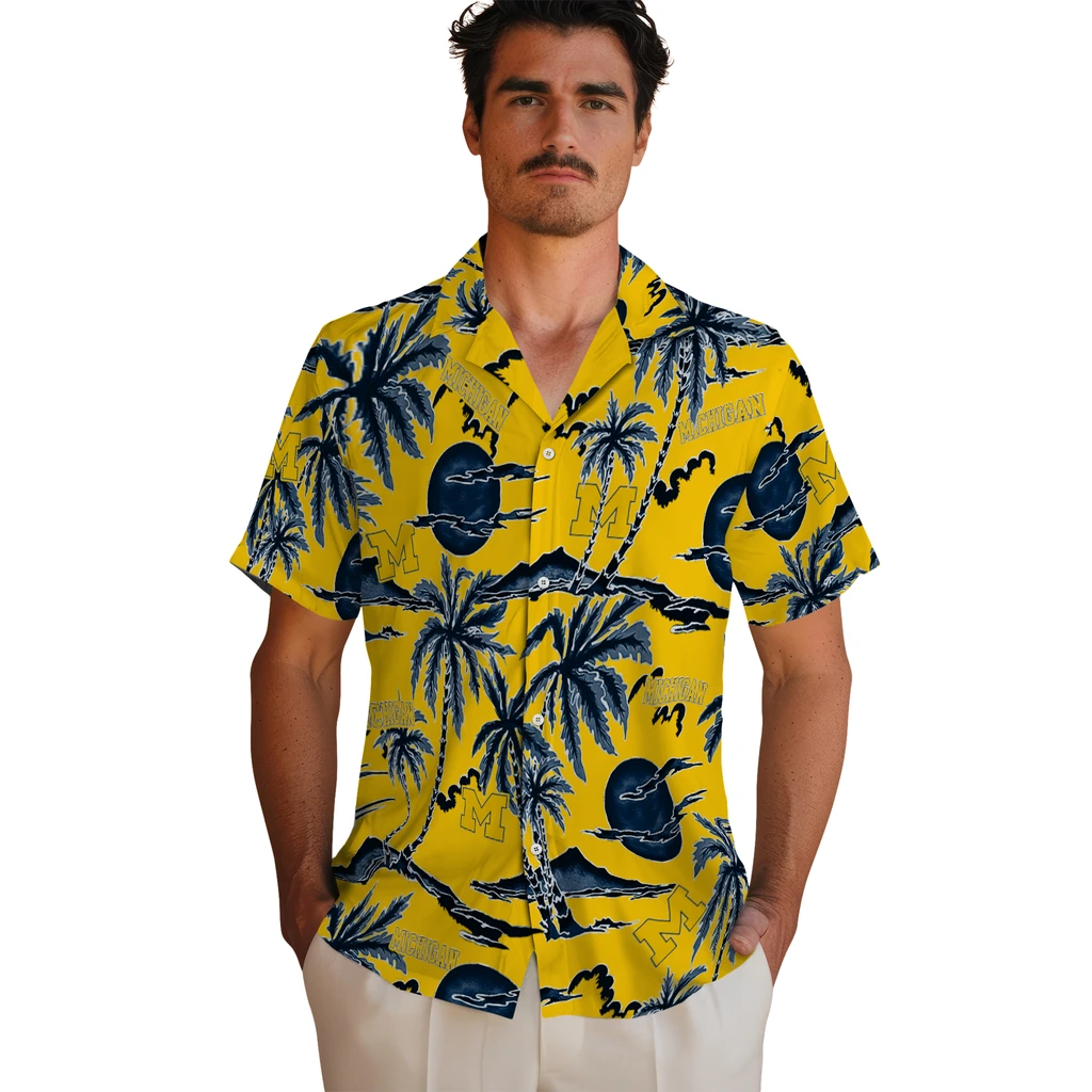 Michigan Wolverines Hawaiian Shirt - Palm Sunset michigan wolverines palm sunset hawaiian shirts fashion forward