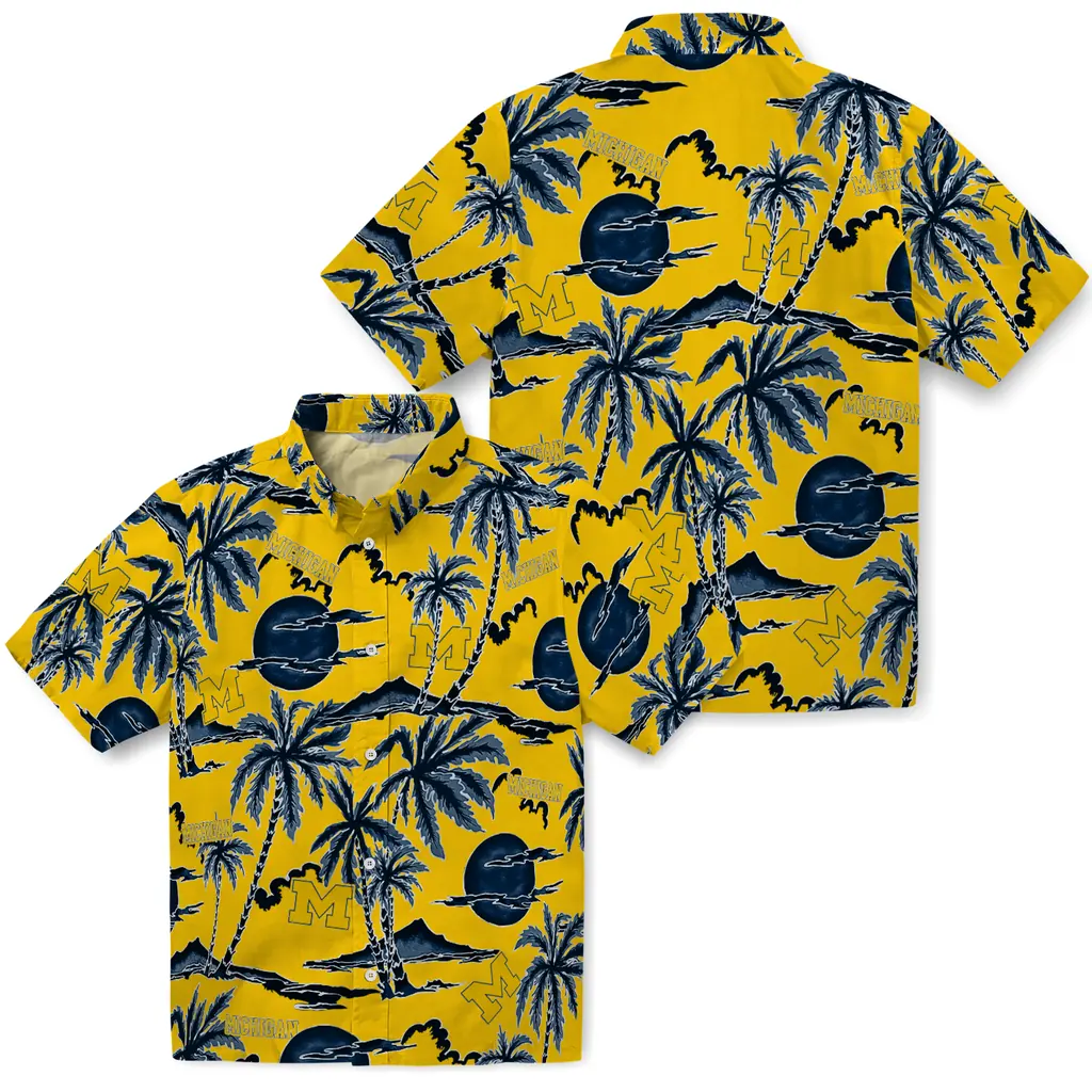 Michigan Wolverines Hawaiian Shirt - Palm Sunset michigan wolverines palm sunset hawaiian shirts high quality