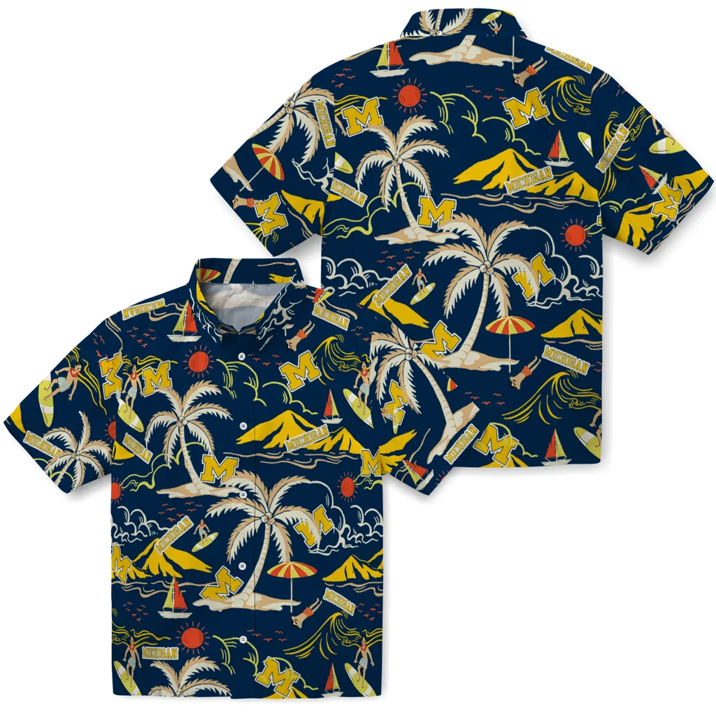 Michigan Wolverines Hawaiian Shirt - Palm Tree Island michigan wolverines palm tree island blue hawaiian shirts high quality