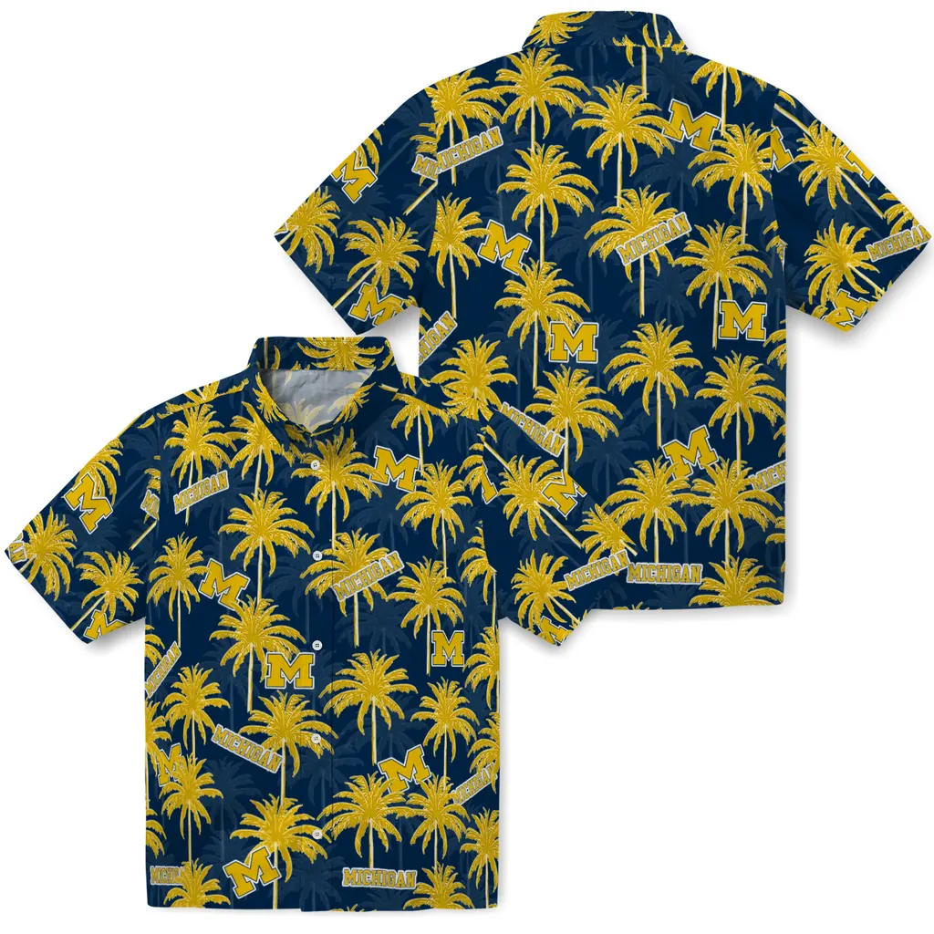 Michigan Wolverines Hawaiian Shirt - Palm Tree Motif michigan wolverines palm grove blue hawaiian shirts high quality