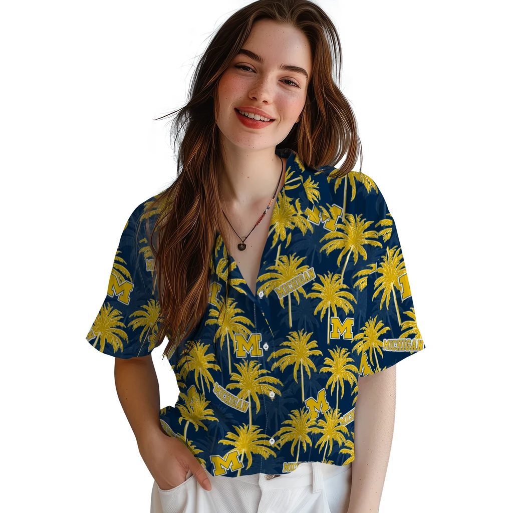 Michigan Wolverines Hawaiian Shirt - Palm Tree Motif michigan wolverines palm grove blue hawaiian shirts latest model