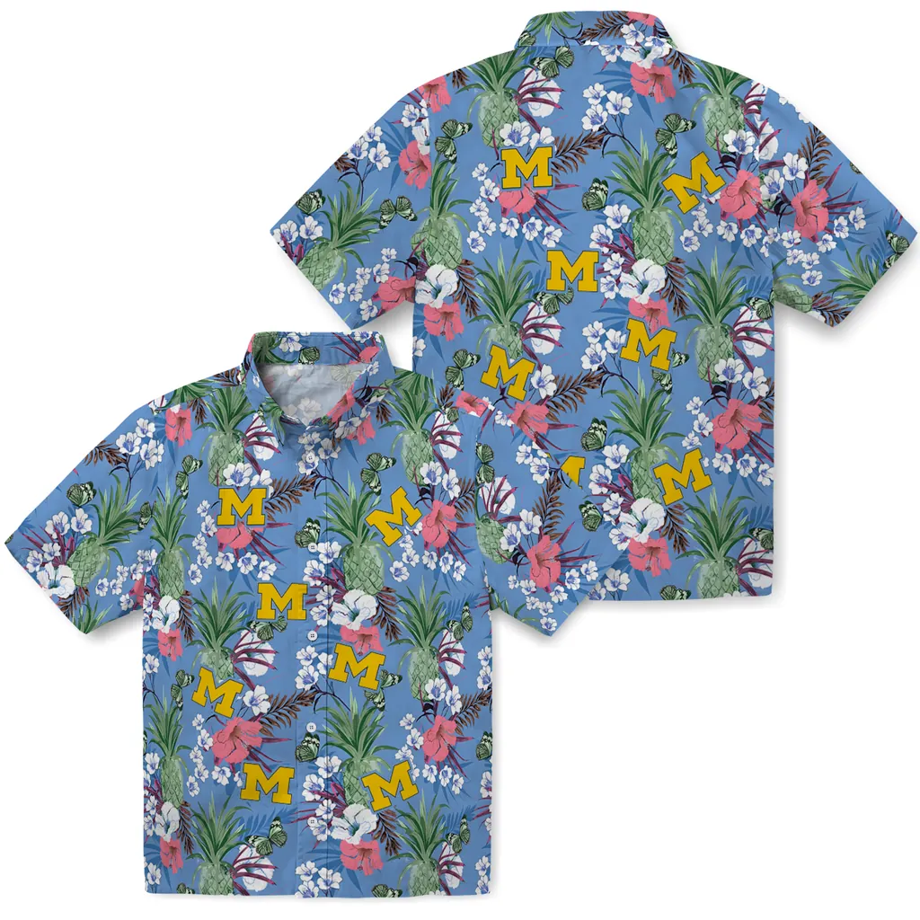 Michigan Wolverines Hawaiian Shirt - Pineapple Bouquet michigan wolverines pineapple bouquet best sky blue hawaiian shirts high quality