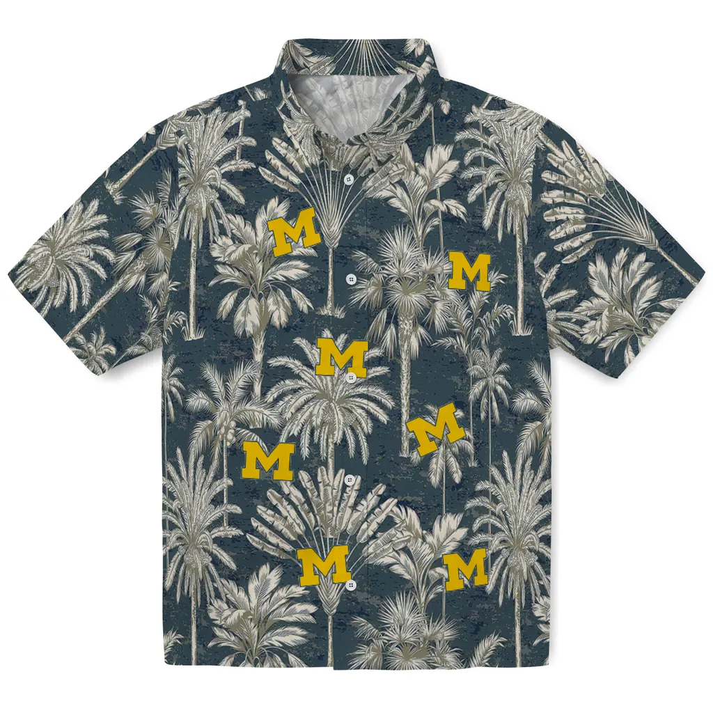 Michigan Wolverines Hawaiian Shirt - Vintage Palm Tree michigan wolverines palm shadows blue hawaiian shirts best selling