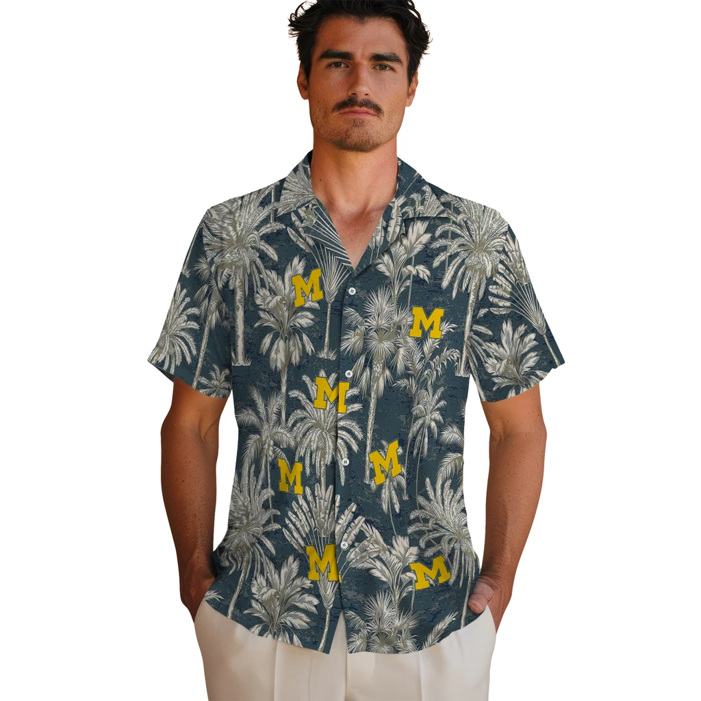 Michigan Wolverines Hawaiian Shirt - Vintage Palm Tree michigan wolverines palm shadows blue hawaiian shirts fashion forward