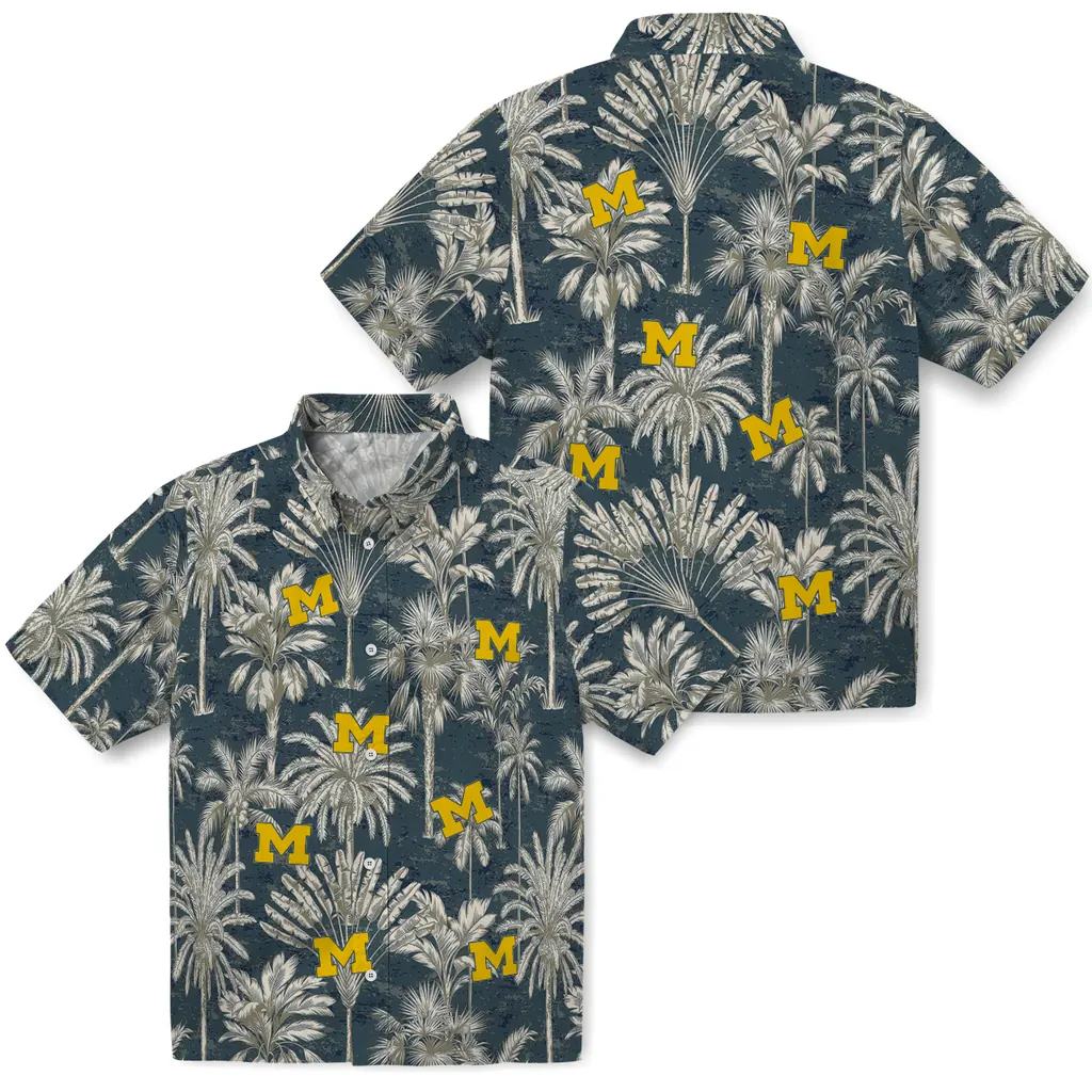 Michigan Wolverines Hawaiian Shirt - Vintage Palm Tree michigan wolverines palm shadows blue hawaiian shirts high quality