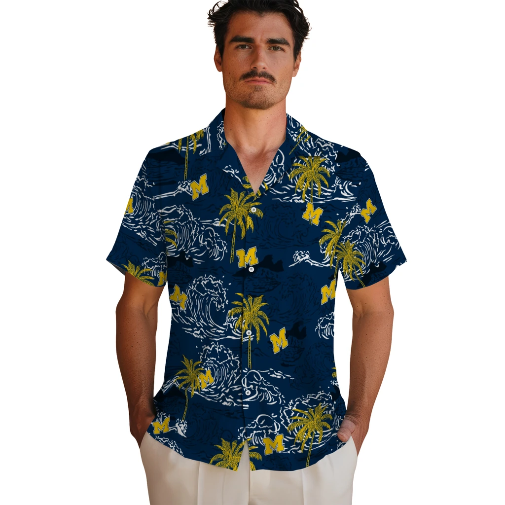 Michigan Wolverines Hawaiian Shirt - Wave Palm michigan wolverines wave palm blue hawaiian shirts fashion forward