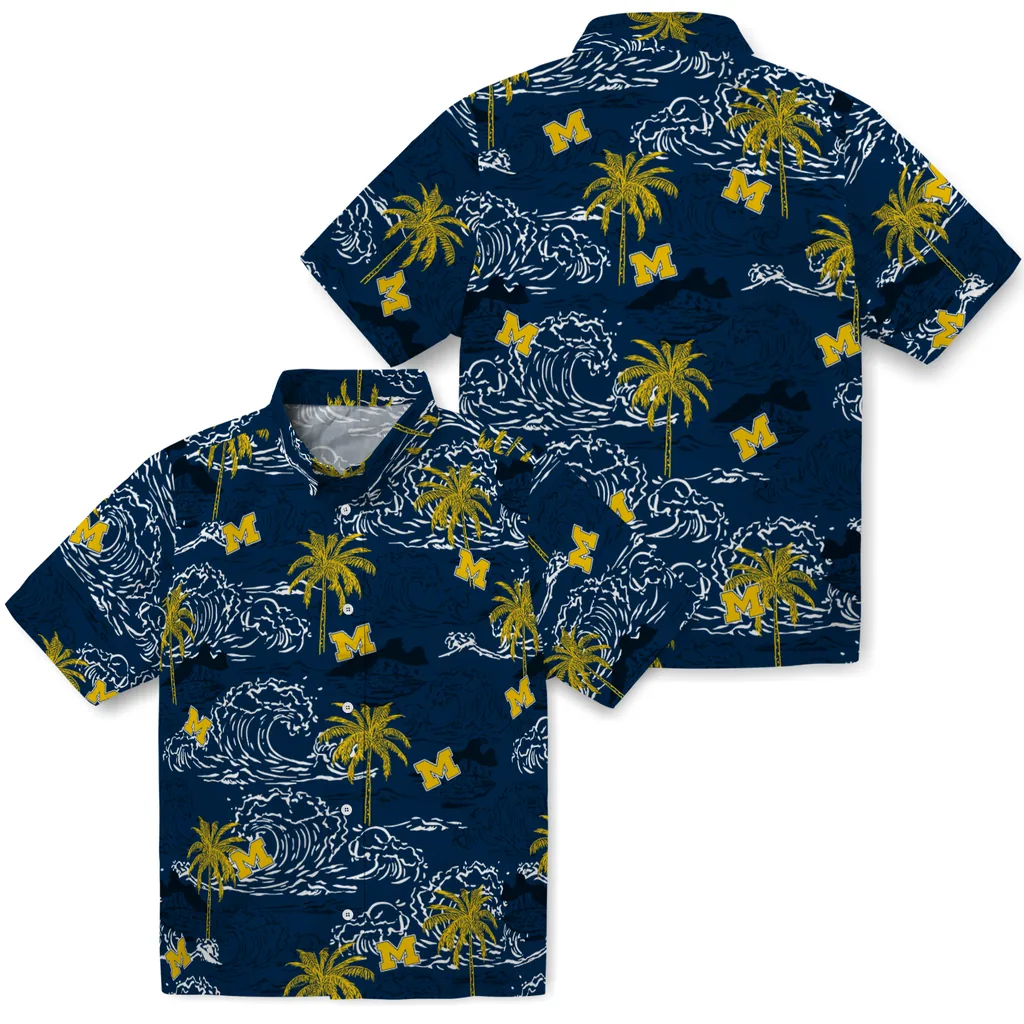 Michigan Wolverines Hawaiian Shirt - Wave Palm michigan wolverines wave palm blue hawaiian shirts high quality