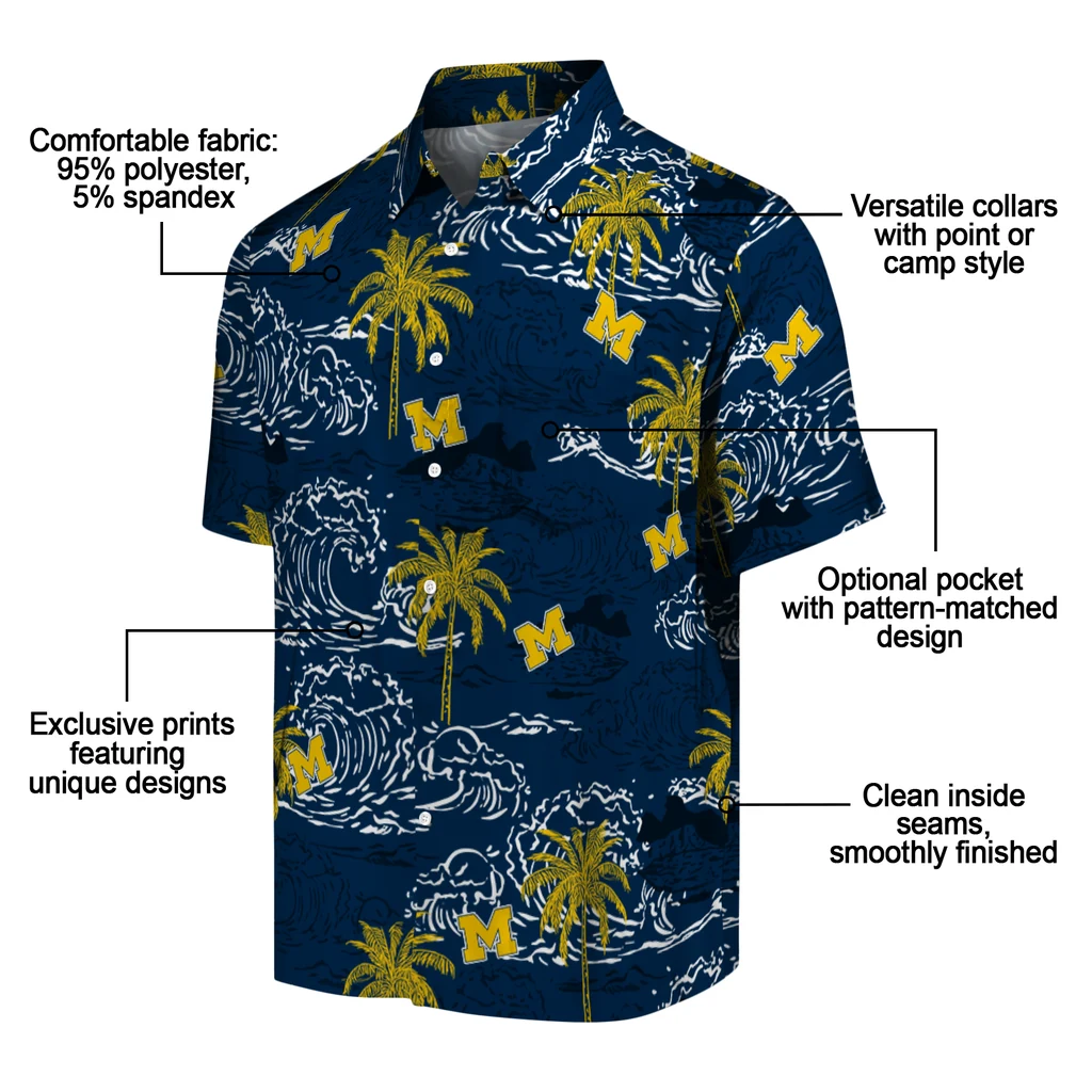 Michigan Wolverines Hawaiian Shirt - Wave Palm michigan wolverines wave palm blue hawaiian shirts new arrival