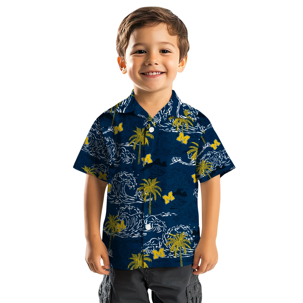 Michigan Wolverines Hawaiian Shirt - Wave Palm michigan wolverines wave palm blue hawaiian shirts top rated