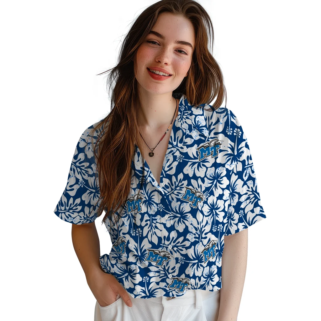 Middle Tennessee Blue Raiders Hawaiian Shirt - Hibiscus Motif middle tennessee blue raiders hibiscus motif blue white hawaiian shirts latest model