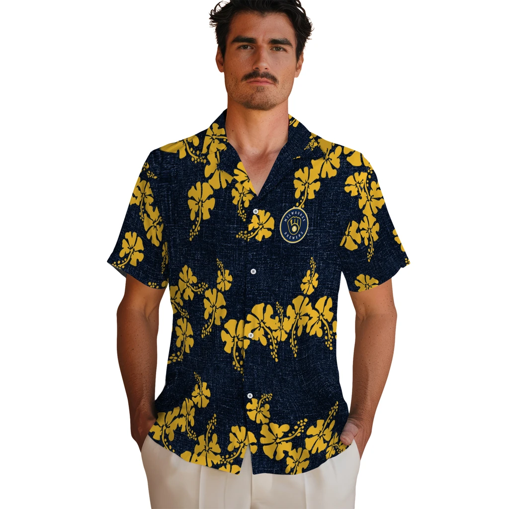 Milwaukee Brewers Hawaiian Shirt - 50th State Flower milwaukee brewers hibiscus petals navy blue hawaiian shirts fashion forward