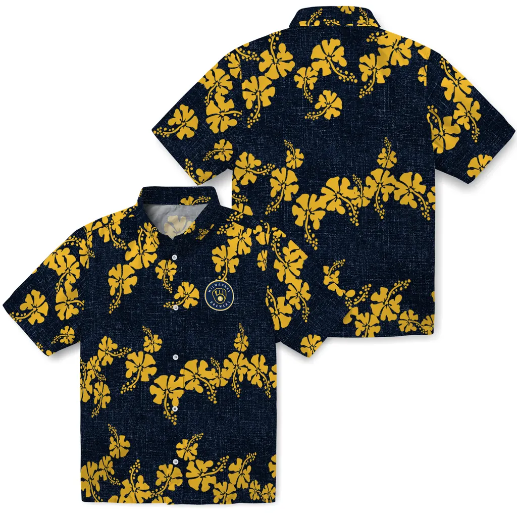 Milwaukee Brewers Hawaiian Shirt - 50th State Flower milwaukee brewers hibiscus petals navy blue hawaiian shirts high quality