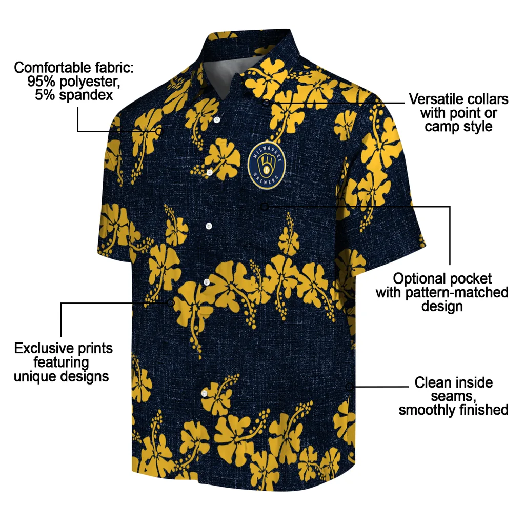 Milwaukee Brewers Hawaiian Shirt - 50th State Flower milwaukee brewers hibiscus petals navy blue hawaiian shirts new arrival