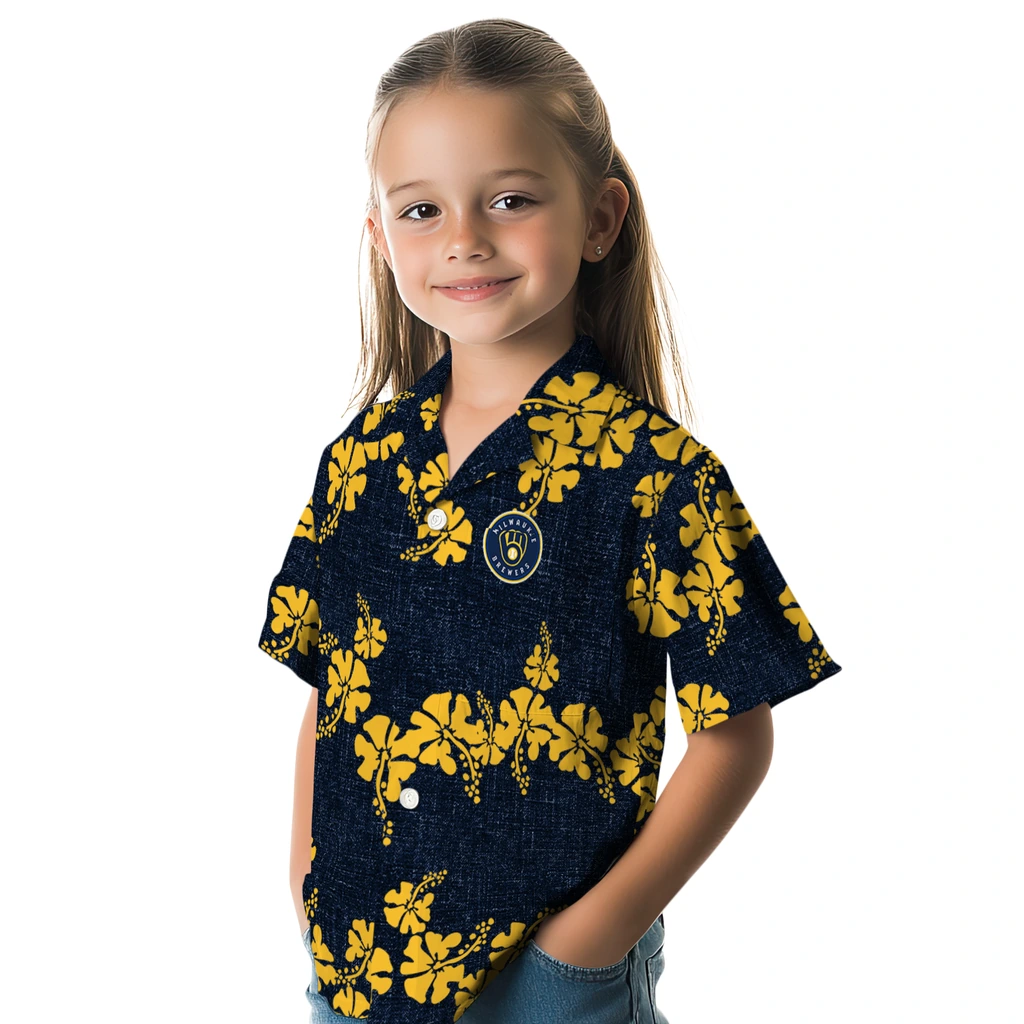 Milwaukee Brewers Hawaiian Shirt - 50th State Flower milwaukee brewers hibiscus petals navy blue hawaiian shirts premium grade