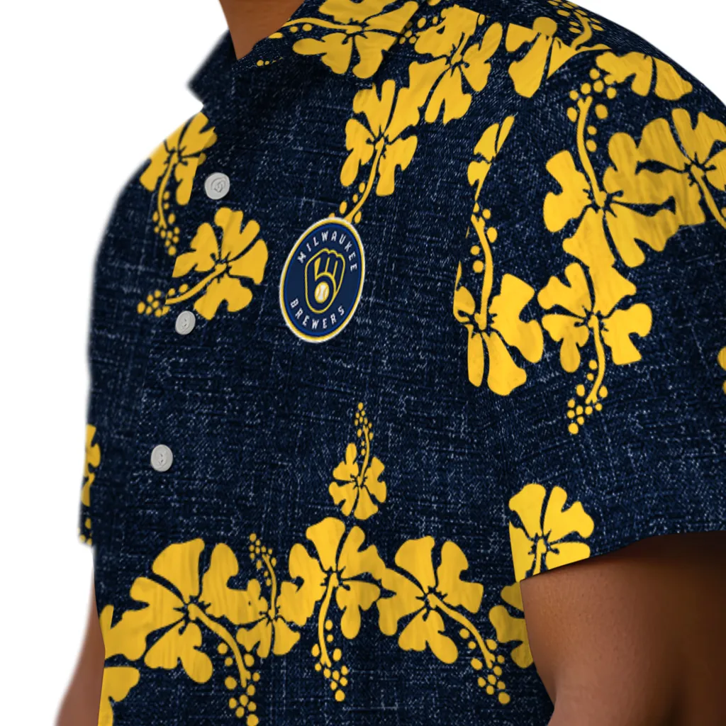 Milwaukee Brewers Hawaiian Shirt - 50th State Flower milwaukee brewers hibiscus petals navy blue hawaiian shirts trendy