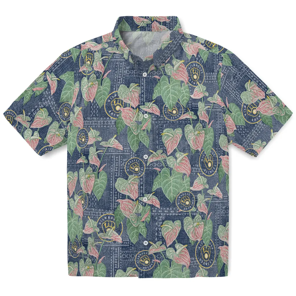 Milwaukee Brewers Hawaiian Shirt - Anthurium Overlay milwaukee brewers anthurium overlay navy blue hawaiian shirts best selling