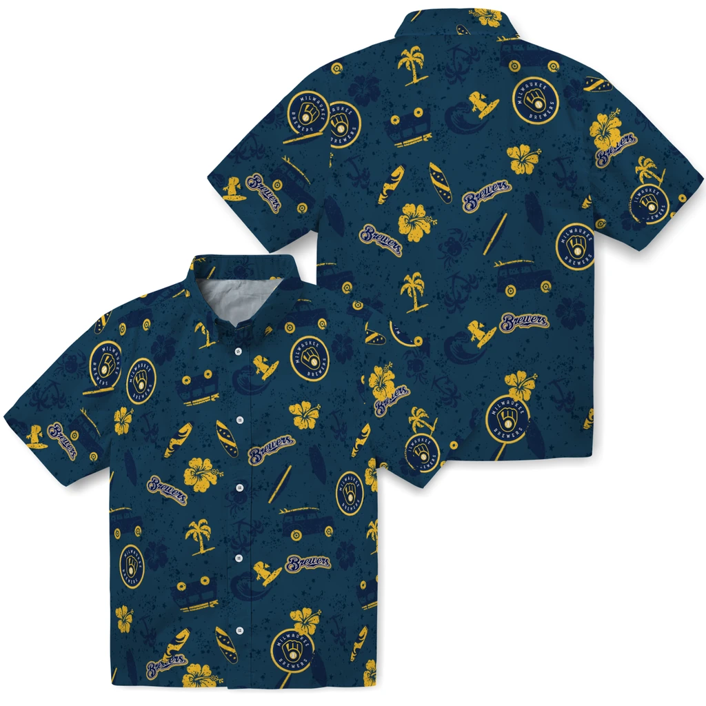 Milwaukee Brewers Hawaiian Shirt - Beach Vibe milwaukee brewers beach vibe navy hawaiian shirts high quality