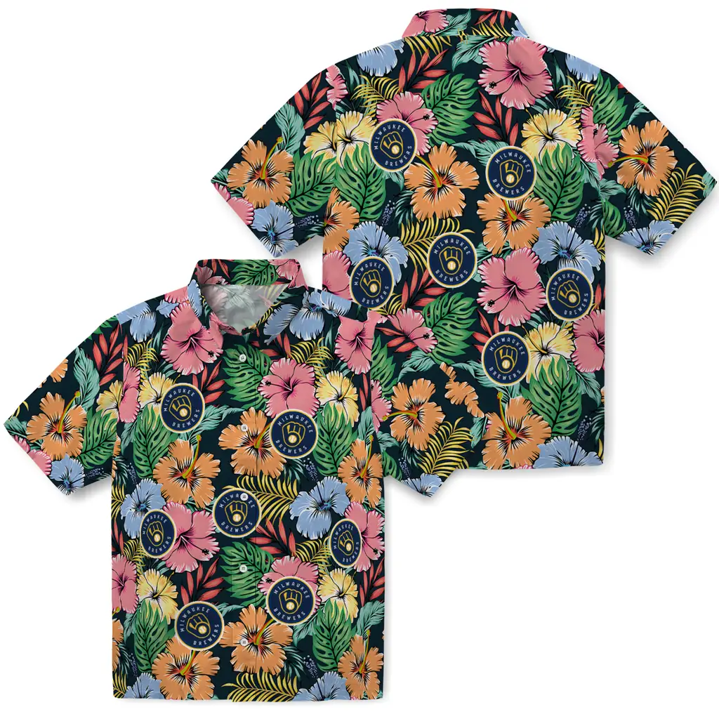 Milwaukee Brewers Hawaiian Shirt - Brilliant Hibiscus Garden milwaukee brewers brilliant hibiscus garden hawaiian shirts high quality