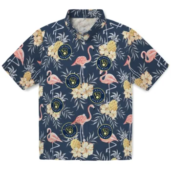 milwaukee brewers flamingo hibiscus navy hawaiian shirts best selling