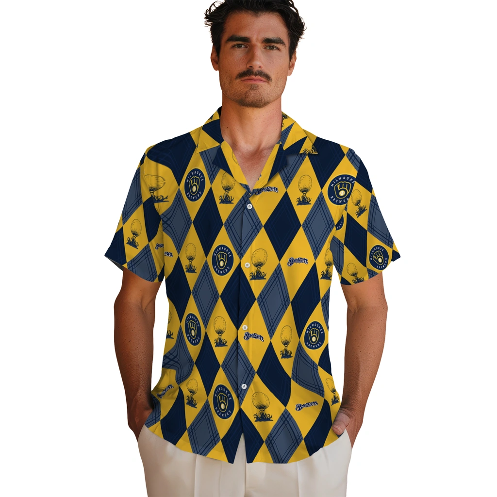 Milwaukee Brewers Hawaiian Shirt - Golfing Plaid milwaukee brewers balloon plaid navy blue hawaiian shirts fashion forward