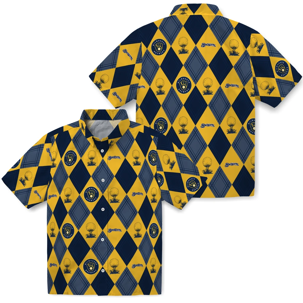 Milwaukee Brewers Hawaiian Shirt - Golfing Plaid milwaukee brewers balloon plaid navy blue hawaiian shirts high quality
