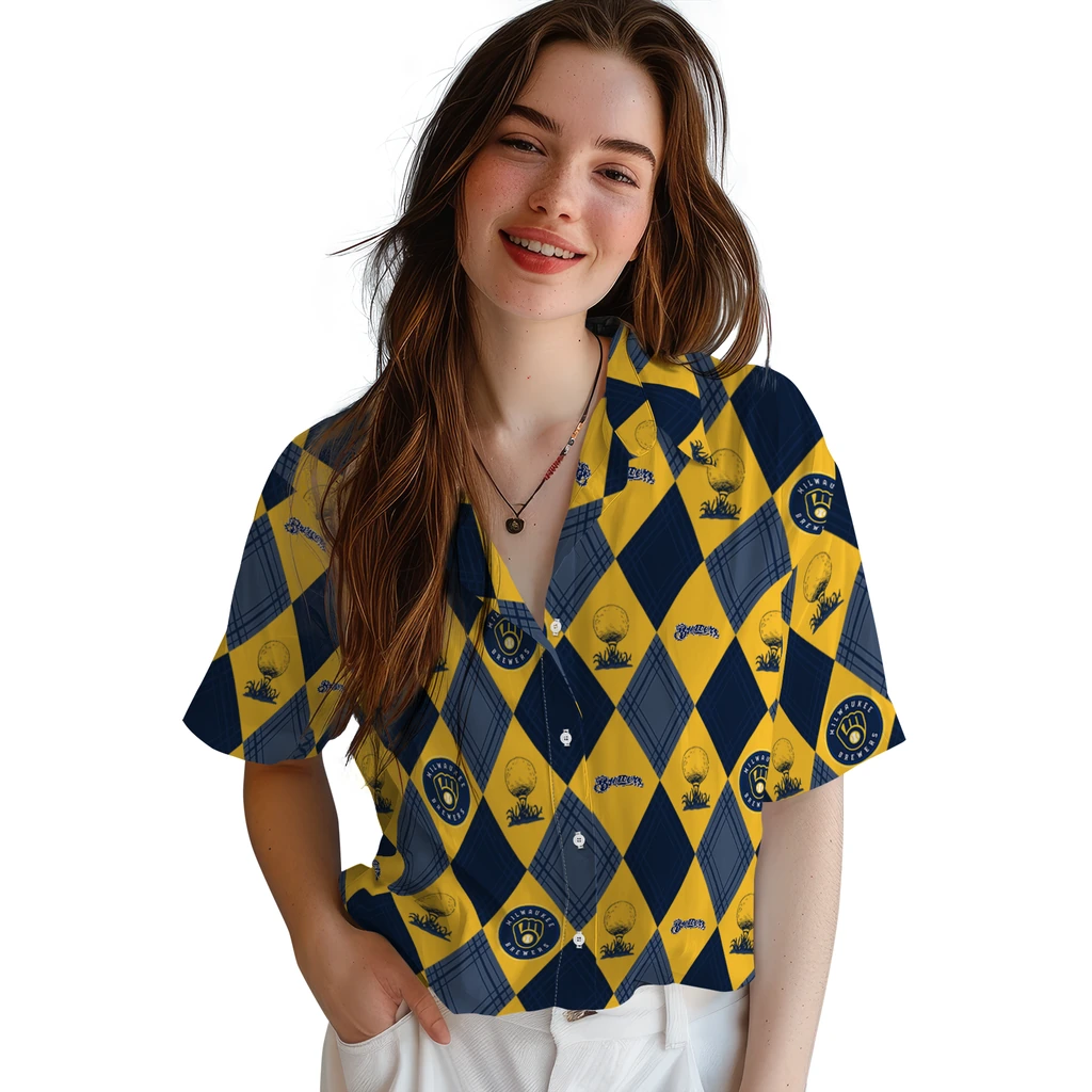 Milwaukee Brewers Hawaiian Shirt - Golfing Plaid milwaukee brewers balloon plaid navy blue hawaiian shirts latest model