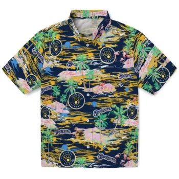 milwaukee brewers flamingo retreat navy blue hawaiian shirts best selling
