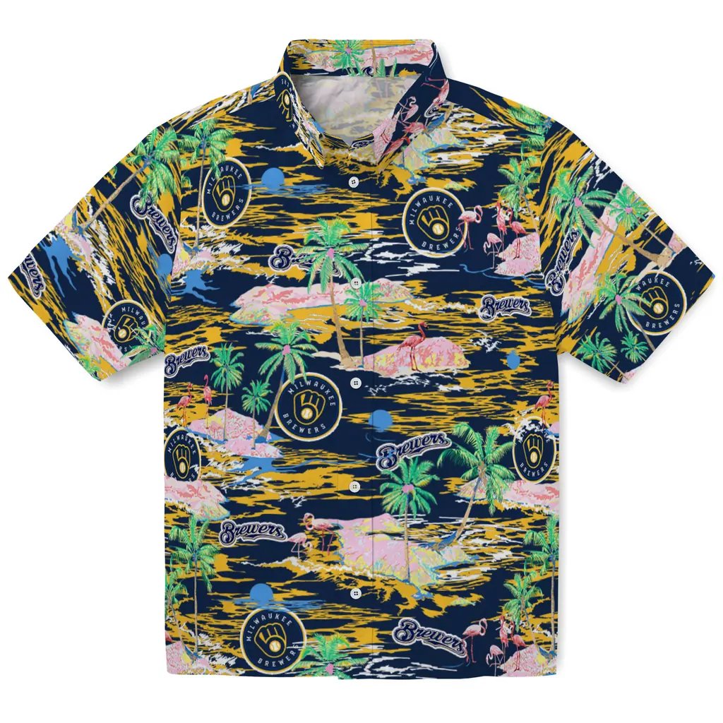 Milwaukee Brewers Hawaiian Shirt - Hawaii Island milwaukee brewers flamingo retreat navy blue hawaiian shirts best selling