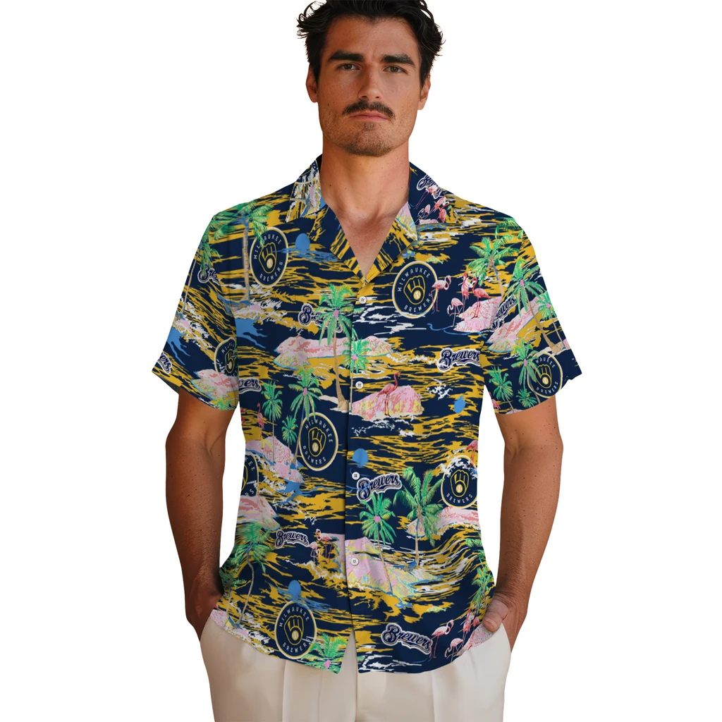 Milwaukee Brewers Hawaiian Shirt - Hawaii Island milwaukee brewers flamingo retreat navy blue hawaiian shirts fashion forward
