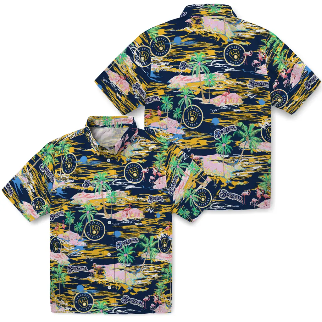 Milwaukee Brewers Hawaiian Shirt - Hawaii Island milwaukee brewers flamingo retreat navy blue hawaiian shirts high quality