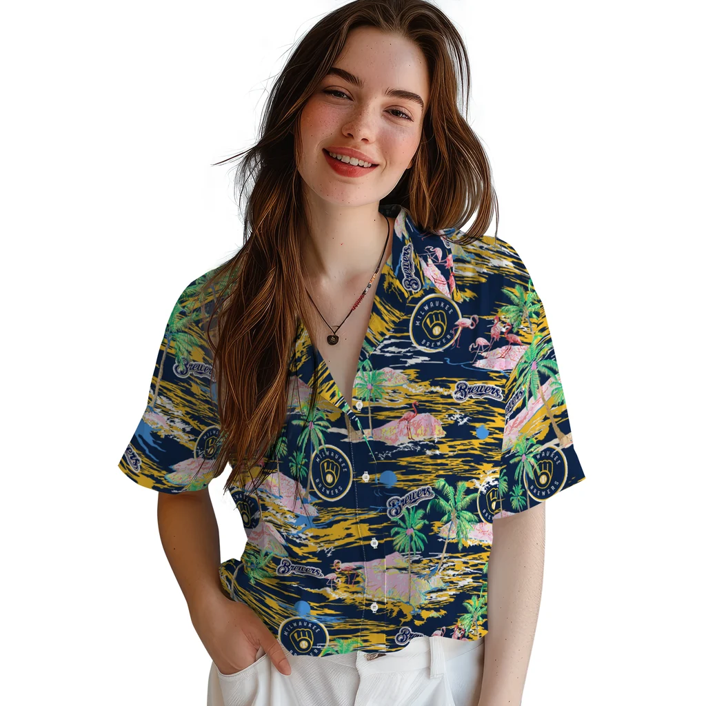 Milwaukee Brewers Hawaiian Shirt - Hawaii Island milwaukee brewers flamingo retreat navy blue hawaiian shirts latest model