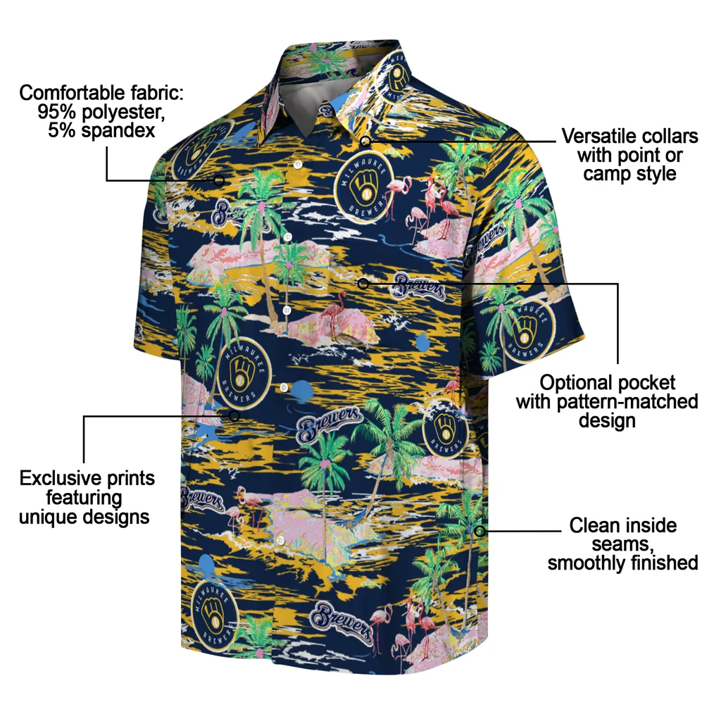 Milwaukee Brewers Hawaiian Shirt - Hawaii Island milwaukee brewers flamingo retreat navy blue hawaiian shirts new arrival