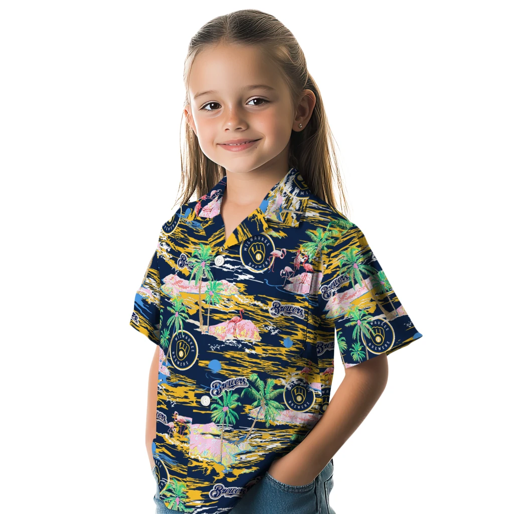 Milwaukee Brewers Hawaiian Shirt - Hawaii Island milwaukee brewers flamingo retreat navy blue hawaiian shirts premium grade