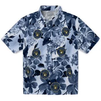 milwaukee brewers hibiscus arrangement navy blue hawaiian shirts best selling